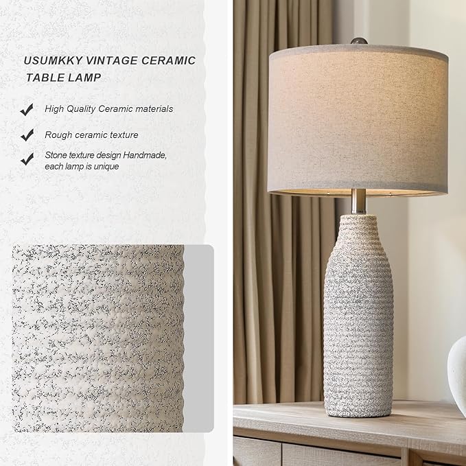 25" Ceramic Table Lamps for Living Room, Modern Design Bedside Lamps Set of 2, Nightstand Lamps for Bedroom with Rotary Switch, Gray and White