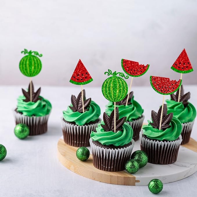 24Pcs Watermelon Cupcake Toppers One in a Melon Cupcake Picks Watermelon Fruit Cake Topper decorations for Baby Girl Birthday Party Cake Decorations Supplies