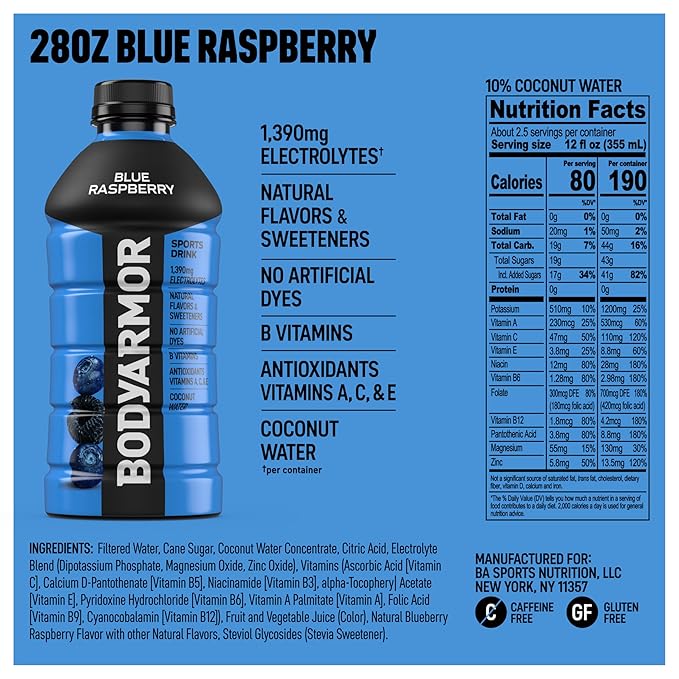 BODYARMOR Sports Drink Sports Beverage, Blue Raspberry, Coconut Water Hydration, Natural Flavors With Vitamins, Potassium-Packed Electrolytes, Perfect For Athletes, 28 Fl Oz (Pack of 15)