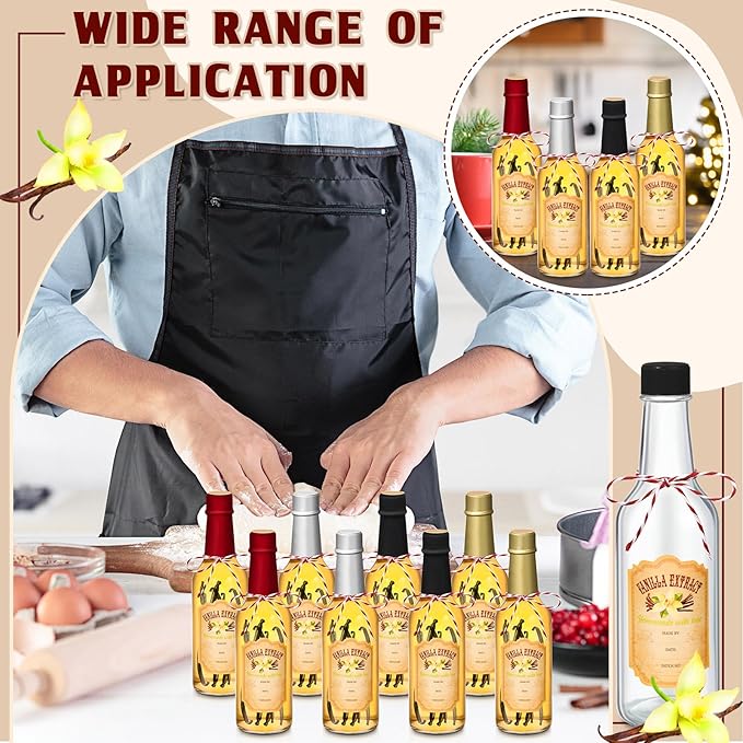 Tioncy 16 Pcs Vanilla Extract Bottles for Homemade Vanilla Jar Glass Bottle with Cap, Shrink Band, Sticker Syrup Gift Food Storage Canister for Bean Sauce Spice(Multicolour,8.5 oz)