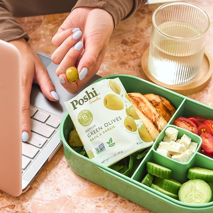 Poshi Natural Whole Pitted Olives | 24 Pack Variety | Basil & Garlic, Chili & Oregano, Chili + Garlic, Lemon & Rosemary | Vegan, Kosher, Gluten Free + Keto Friendly Healthy Snacks, 1.1 Oz (Pack of 24)