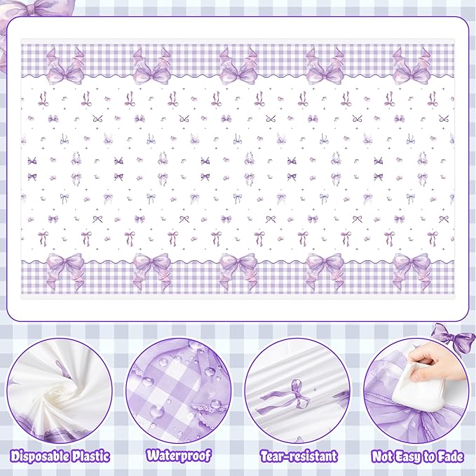 3Pcs Purple Bow Party Tablecloths - Coquette Bow Knot Party Table Covers Decorations Coquette Purple Rectangular Plastic Disposable Table Cloth Decor for Kids Girls Women Birthday Baby Shower Supplies