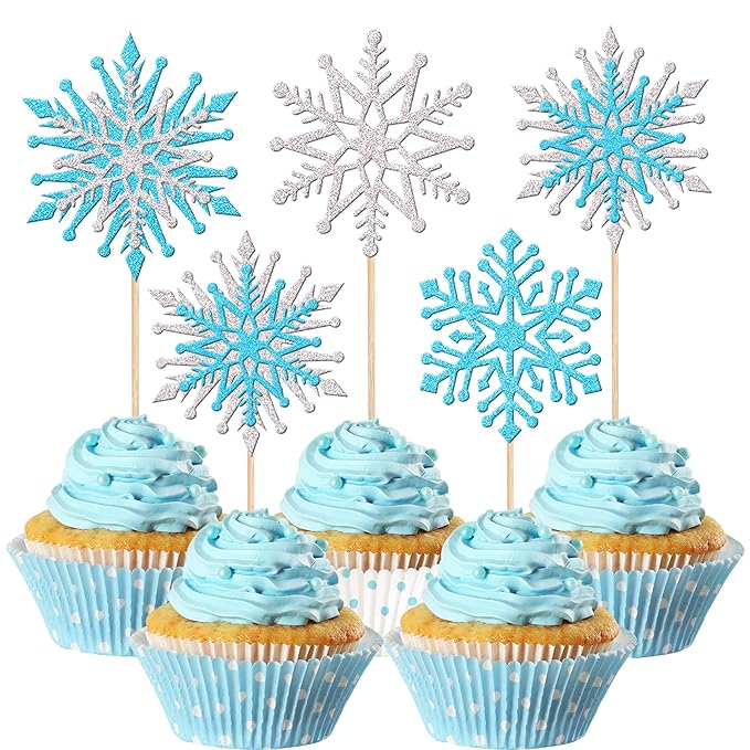 24 PCS Glitter Snowflake Cupcake Toppers Winter Frozen Theme Cupcake Picks Winter Wonderland Cake Decorations for Snowflake Theme Baby Shower Birthday Merry Christmas Party Supplies Blue Silver
