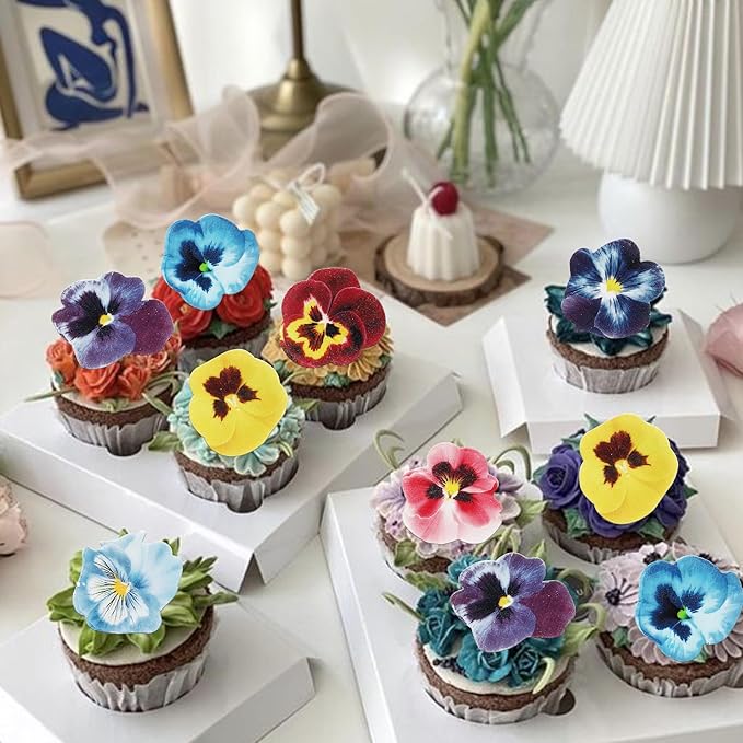 60 PCS Edible Flowers Cupcake Toppers Edible Spring Bridal Engagement Pansies Cake Decorations Wafer Paper Flowers Cupcake Picks for Baby Shower Kids Birthday Party Cake Food Decorations Supplies