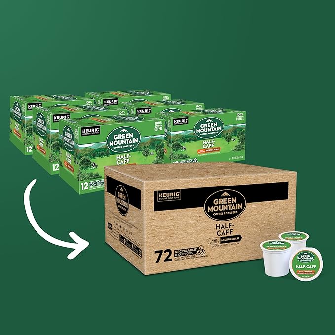 Green Mountain Coffee Roasters Half Caff Keurig Single-Serve K-Cup pods, Medium Roast Coffee, 72 Count