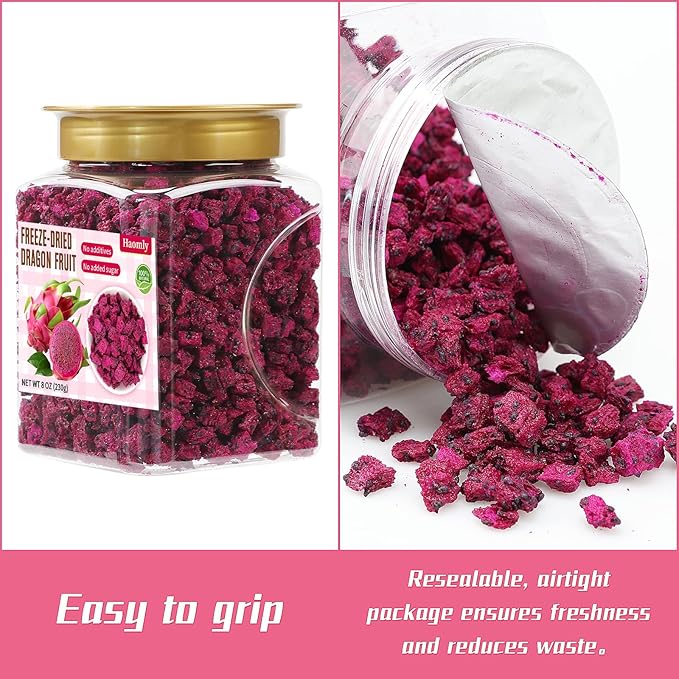 Haomly Freeze-Dried Dragon Fruit,8OZ/230g, No Added Sugars,Sweet Dried Fruit Snacks,100% Natural Red Dragon Fruit Chunks, Ideal for Drinks,Yogurt, Cereal, Smoothies Baked Goods and Water
