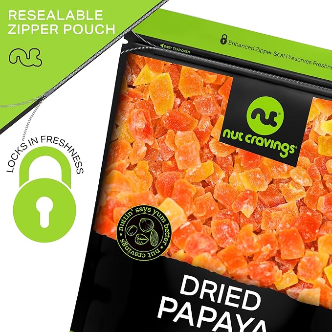 NUT CRAVINGS - Sun Dried Papaya Chunks, Lightly Sweetened (8oz, 1 Pack) Bulk Dry Fruits Packed Fresh in Resealable Bag - Sweet Healthy Snack, Naturally Grown, Vegan, Kosher