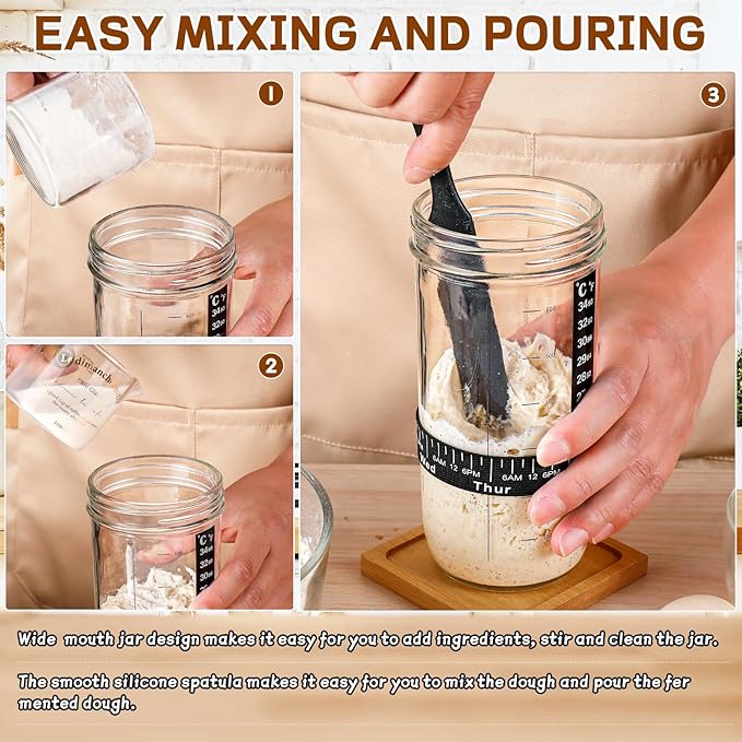 Sourdough Bread Baking Supplies,24 oz Sourdough Starter Jar Glass, Sourdough Starter Kit with Date Marked Feeding Band, Thermometer, Silicone Scraper, Sewn Cloth Cover & Aluminum Lid, Sourdough Jar
