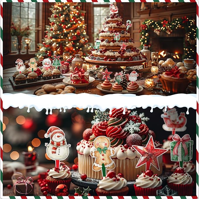 48 Pcs Christmas Cupcake Toppers - Festive Party Decorations for Christmas-Themed Birthdays, Baby Showers, and Holiday Cakes
