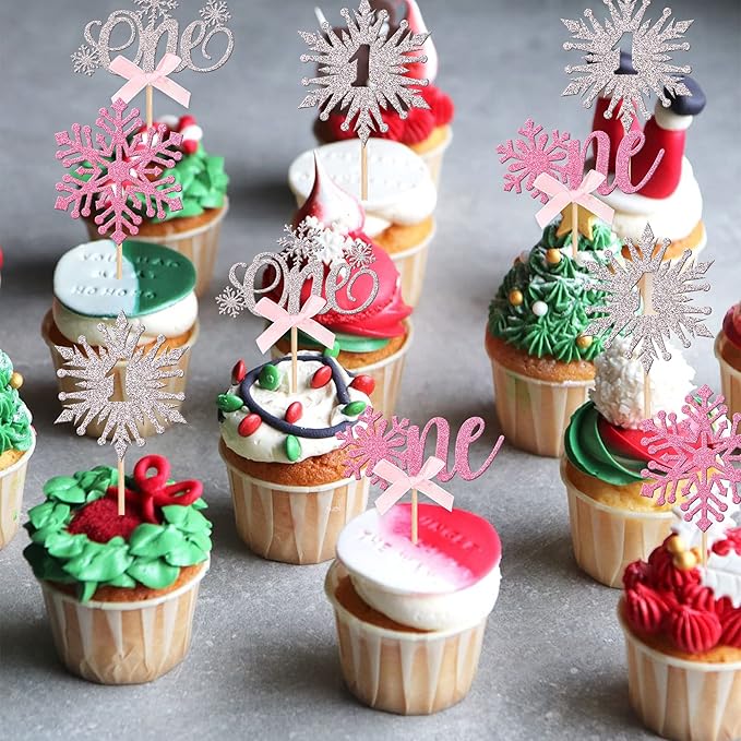 24 PCS Snowflake 1st Birthday Cupcake Toppers Glitter Bow First Birthday Snowflake One Cupcake Picks for Winter Onederland Theme Baby Shower 1st Birthday Party Cake Decorations Supplies Silver Pink
