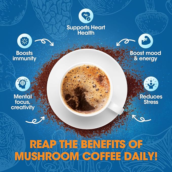 B BEWORTHS Mushroom Coffee, Mushroom Coffee Powder with Ashwagandha, L-theanine, Lion's Mane, Reishi, Chaga, Cordyceps, Turkey Tail, Ginseng - Mixed Arabica Instant Coffe Support Immune, Brain, Focus