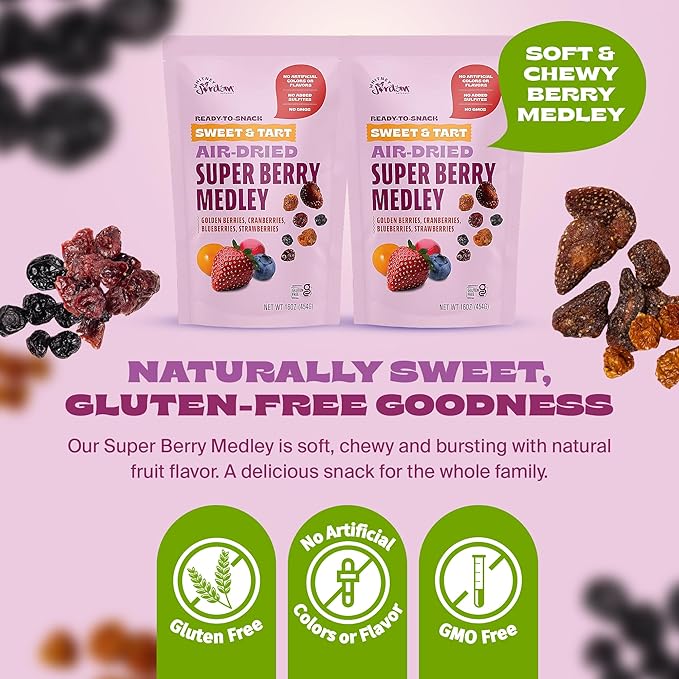 Whitney Jordan Naturals Air-Dried Super Berry Medley | Dried Fruit Snack Made from Real Berries | Non-GMO, Gluten-Free, Vegan, Chewy Real Fruit for Clean Snacking | 16 oz, Pack of 2