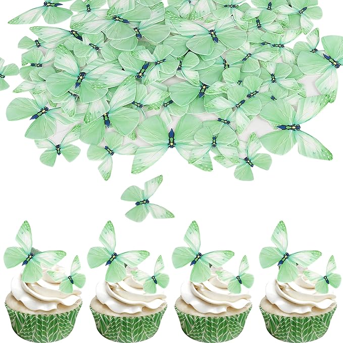 72PCS Edible Butterfly Cupcake Toppers & Decorations for Butterfly Theme Baby Shower & Kids Birthday Party - Green
