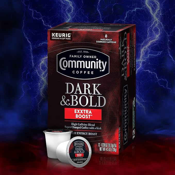 Community Coffee Dark & Bold Exxtra Boost 72 Count Coffee Pods, Compatible with Keurig 2.0 K-Cup Brewers, 12 Count (Pack of 6)