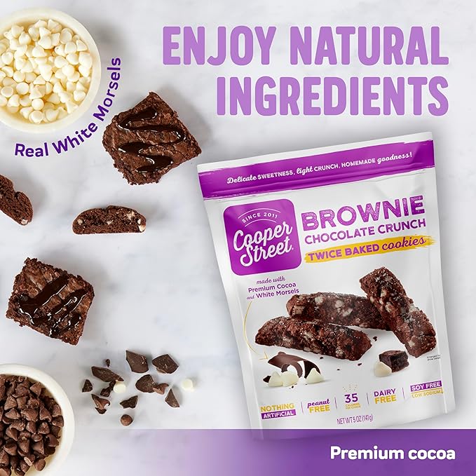 Cooper Street Italian Biscotti Cookies - Twice Baked Biscotti Style Cookie Biscuits in Delicious Brownie Chocolate Crunch | Crispy, Light and Healthy Cookies | Peanut & Dairy Free | 1.25oz - 24 Pack