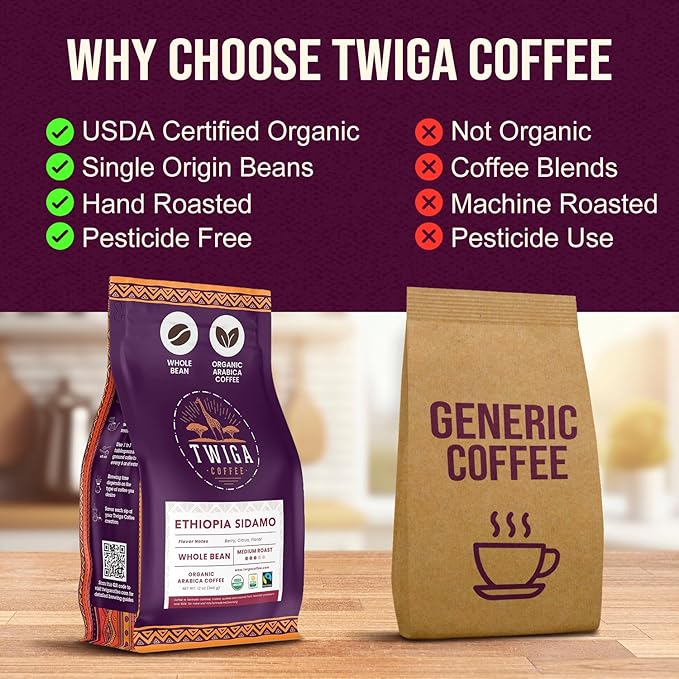 Twiga Coffee Ethiopian Coffee Beans - Ethiopian Yirgacheffe Whole Bean, Organic Medium Roast Arabica with Rich Berry, Chocolate & Floral Flavor Notes, Single Origin, Fresh Roasted in Ethiopia, 12 oz