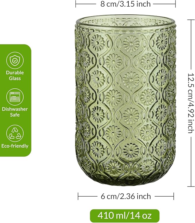 Joeyan Vintage Drinking Glasses,Embossed Floral Highball Glass Water Tumbler,14 oz Colored Beverages Juice Cocktail Beer Wine Glassware Cups,Set of 4,Dishwasher Safe
