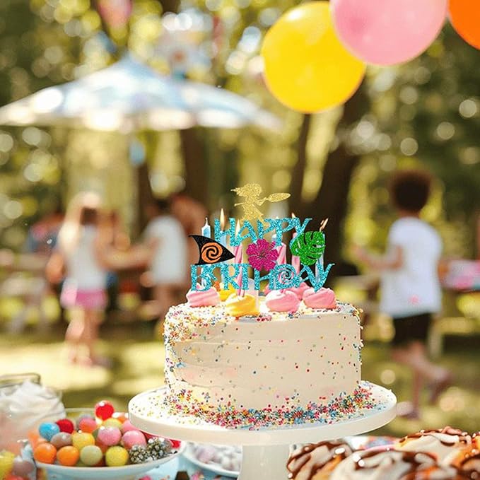 Rsstarxi 1 Pack Moana Happy Birthday Cake Topper Blue Glitter Palm Leaf Flower Cake Pick for Summer Hawaiian Tropical Luau Baby Shower Kids Birthday Party Cake Decorations Supplies