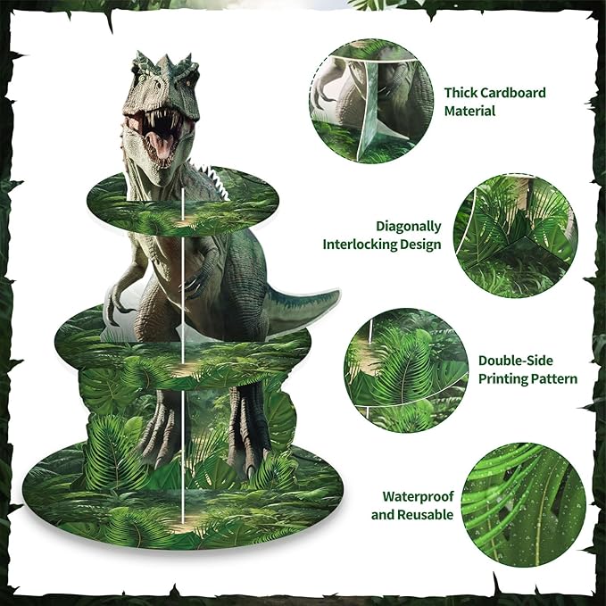 2 Pack Dinosaur Cupcake Stand Dinosaur Birthday Decorations 3 Tier Dino Cupcake Holder Dessert Tower Party Decorations for Boys Kids Baby Shower Jungle Theme Party Supplies