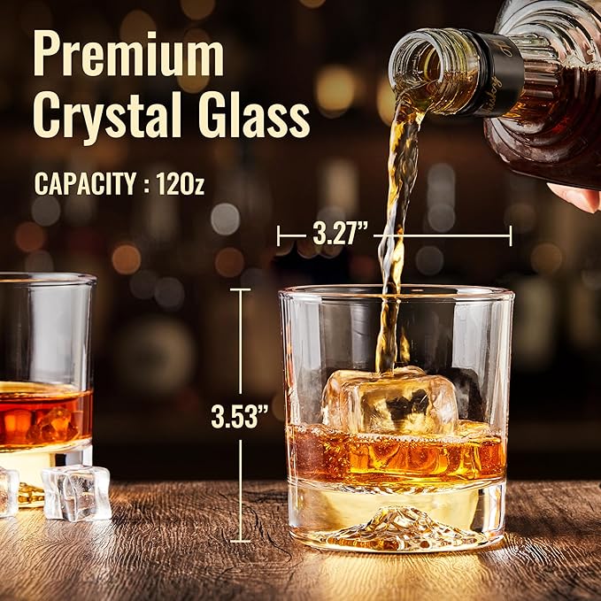 Whiskey Glasses Set of 6 with Unique Raised Mountain Base, Premium Crystal Bourbon Scotch Glass for Men Dad, Solid Old Fashioned Glass Lowball Glasses Rocks Glasses -12Oz