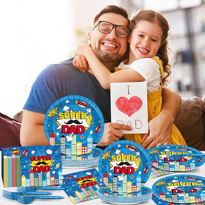 96Pcs Happy Fathers Day Paper Plates and Napkins Super Dad Party Decorations Super Theme Dessert Plates Hero Cityscape Birthday Tableware for 24 Guests Papa Grandpa Best Dad Daddy Men Party Supplies