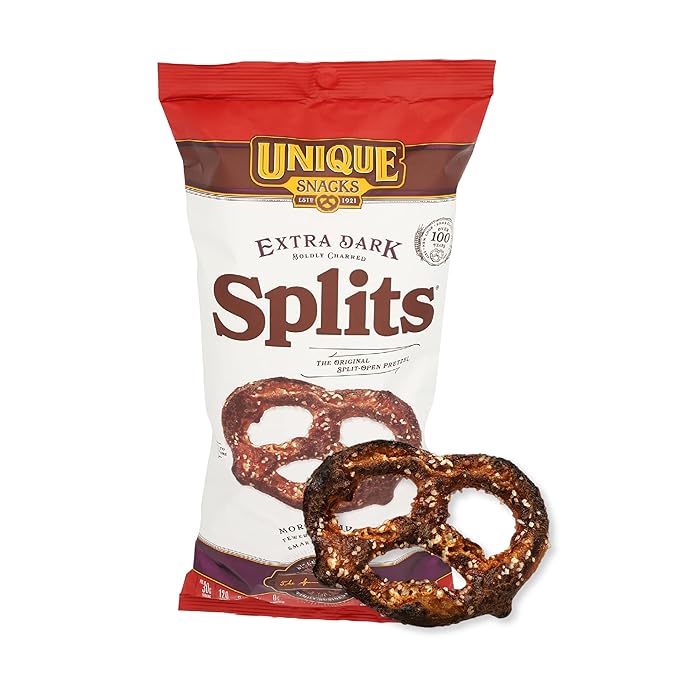 Unique Snacks Extra Dark Splits Pretzels, Original Split-Open Pretzels, Delicious Homestyle Baked Snack Bag, Vegan, OU Kosher, and Non-GMO Food, No Artificial Flavor, 11 Oz. Bag, Pack of 9