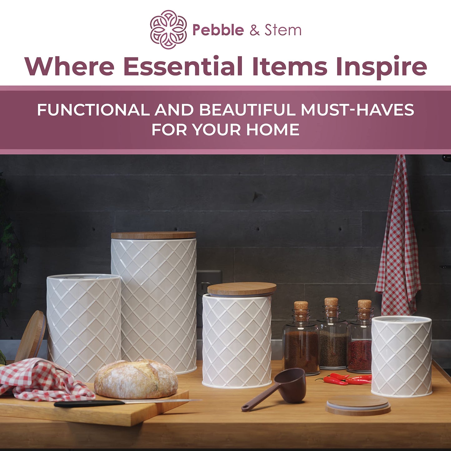 Pebble & Stem® White Metal Canister Set for the Kitchen Counter, Food Canister Set of 4, Airtight