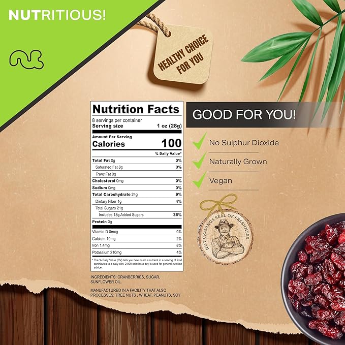NUT CRAVINGS - Sun Dried Whole Cranberries, Lightly Sweetened, Unsulphured (8oz, 1 Pack) Bulk Dry Fruits Packed Fresh in Resealable Bag - Sweet Healthy Snack, Naturally Grown, Vegan, Kosher