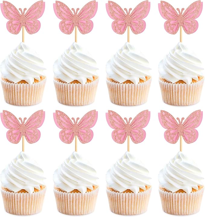 24PCS Butterfly Cupcake Toppers 3D Double Layers Hollow Cupcake Picks Baby Shower Cake Decorations Supplies for Butterfly Theme Wedding Anniversary Baby Shower Party Pink
