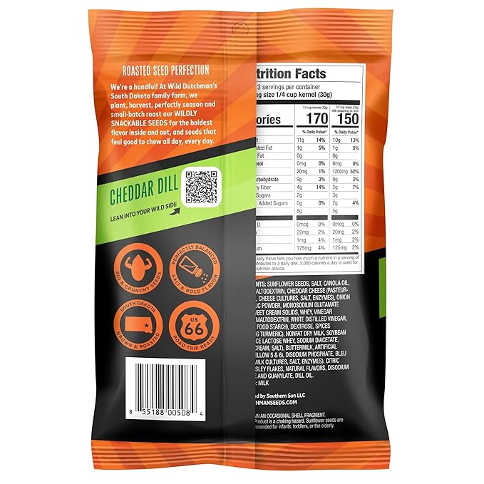 Wild Dutchman Roasted Sunflower Seeds in a Resealable Bag for Ultimate Freshness and an Easy Pour Snack, Cheddar Dill, 5.5 oz (Pack of 12)