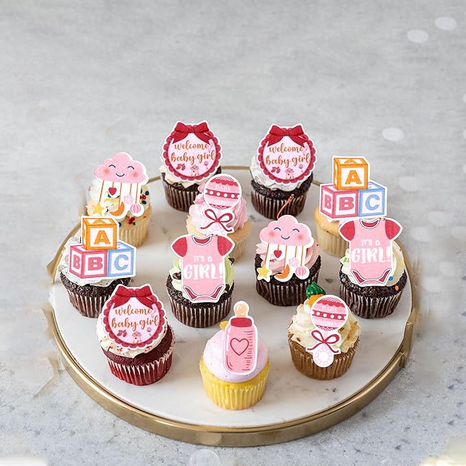 60 PCS Edible Oh Baby Cupcake Toppers Pacifier Cloud Moon Star Welcome Baby Girl Cupcake Picks Edible Baby Shower It's a Girl Cake Decorations for Baby Shower Girls Birthday Party Supplies Pink