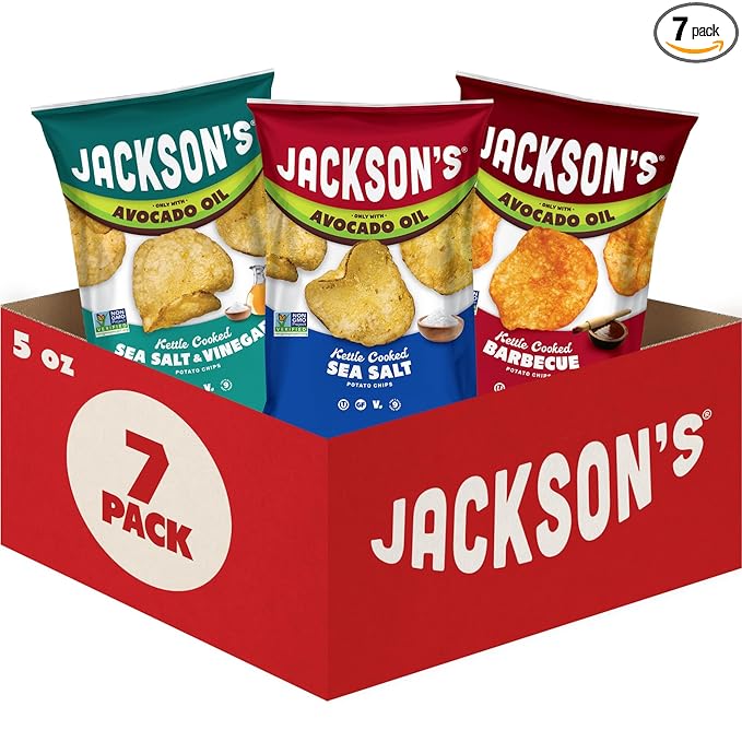 Jackson?™s Classic Kettle Potato Chips (Variety Pack, 5 oz, Pack of 7) - Made with Premium Avocado Oil, Sea Salt, Salt & Vinegar and BBQ Flavors - Allergen-friendly, Gluten Free, Vegan