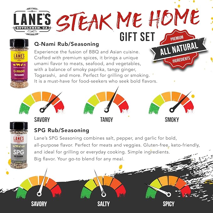 Lane's Steak Me Home BBQ Seasonings and Rubs Gift Set, All-Natural 4 Rubs Seasoning Kit of Q-Nami Seasoning Set, Ancho Espresso Rub, & Scorpion Rub