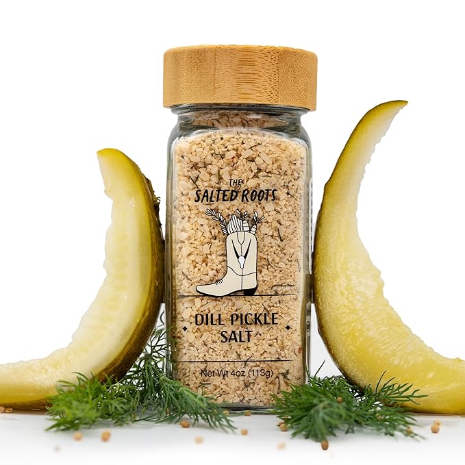 The Salted Roots - Dill Pickle Salt - Vodka-Infused with Fresh Dill, Vinegar & Pickling Spices - Tangy Gourmet Seasoning for Bloody Marys, Burgers, Popcorn & Fries - 4oz Jar