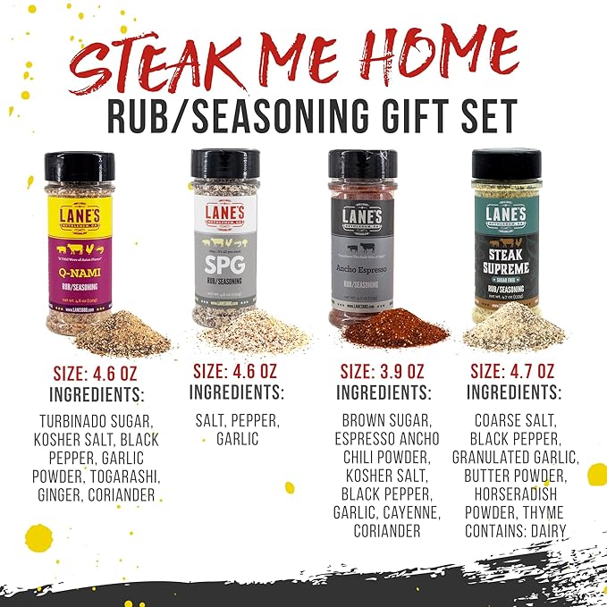 Lane's Steak Me Home BBQ Seasonings and Rubs Gift Set, All-Natural 4 Rubs Seasoning Kit of Q-Nami Seasoning Set, Ancho Espresso Rub, & Scorpion Rub