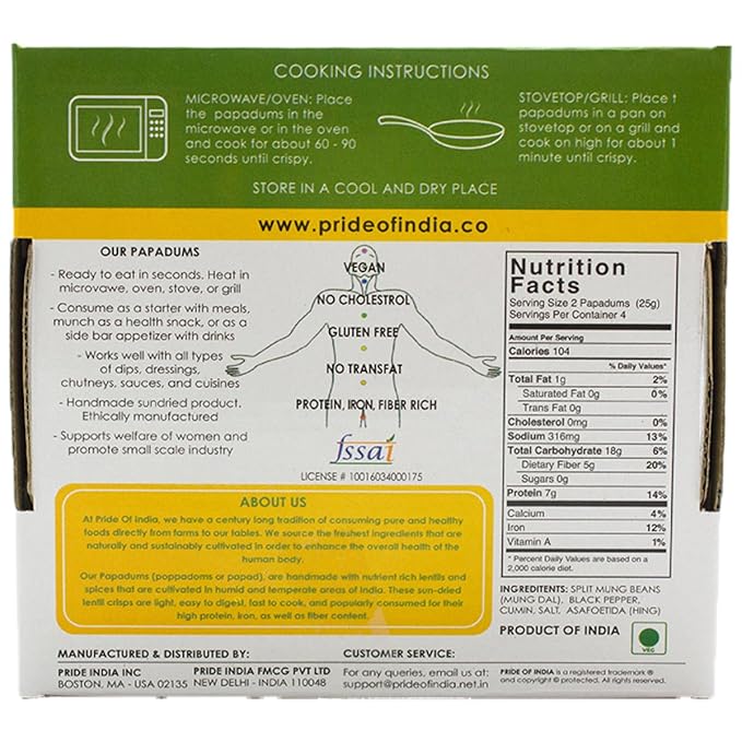 Pride Of India - Mung Bean Plain Papadum Lentil Crisp, 10 count (3.53oz - 100gm) - Plant Based Protein Snack, Gluten-Free Vegan Crackers, Healthy Bean Chips, Traditional Handmade Indian Low Carb Food