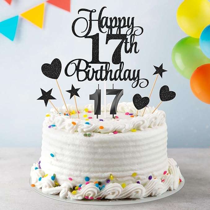 17th Birthday Cake Decorations, 17th Birthday Candles Cake Numeral Candles and Glitter Happy 17th Birthday Cake Toppers Set for Birthday Party Supplies (Black)