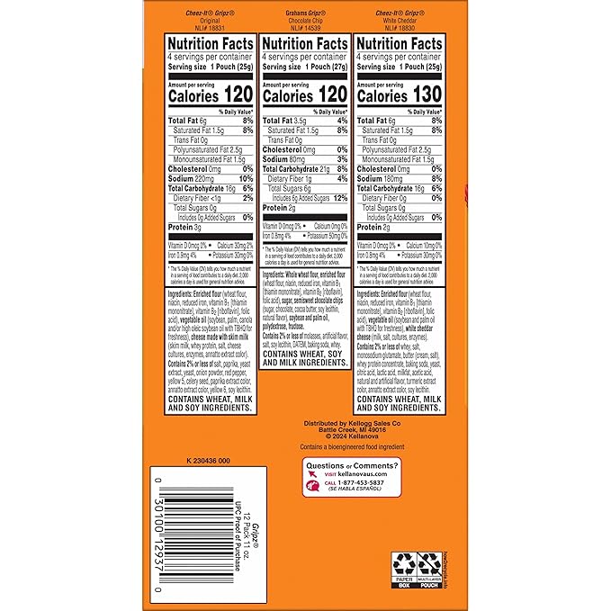 Gripz Mini Baked Snack Crackers, Sweet and Salty Snacks, Variety Pack, 11oz Box (12 Pouches)