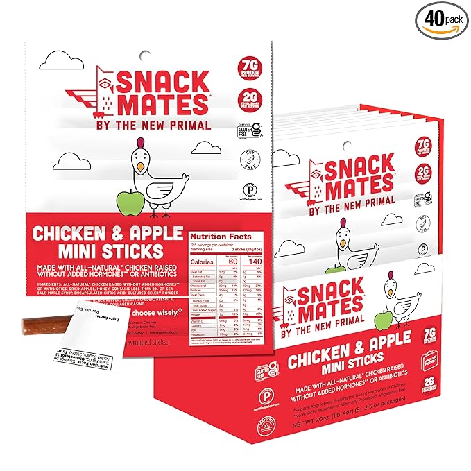 New Primal Snack Mates Chicken & Apple Sticks, Gluten Free Healthy Snacks for Kids, Low Sugar High Protein Back to School Snacks, Mini Paleo Jerky Meat Stick, 7g Protein, 60 Calories, 40 Pack