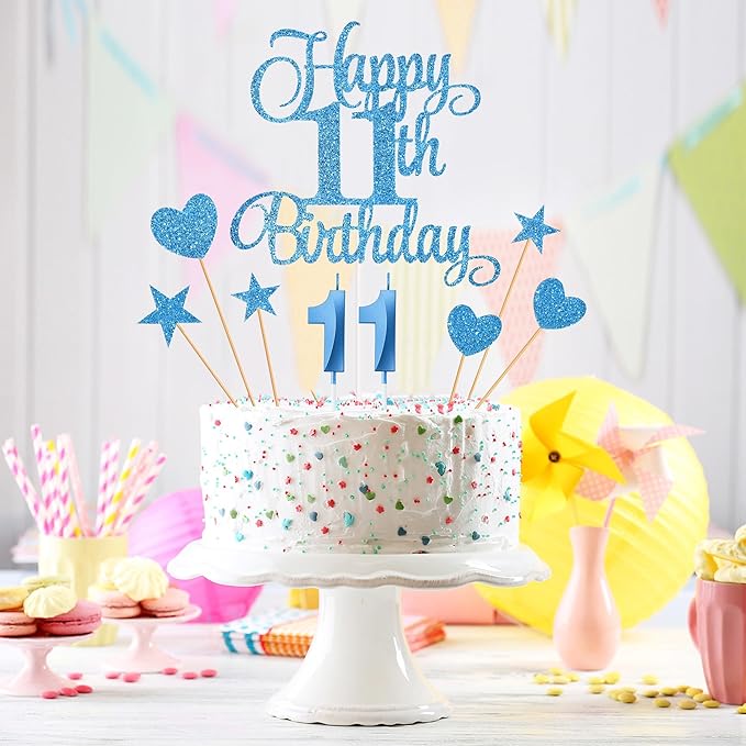 11th Birthday Cake Decorations, 11th Birthday Candles Cake Numeral Candles and Glitter Happy 11th Birthday Cake Toppers Set for Birthday Party Supplies (Blue)