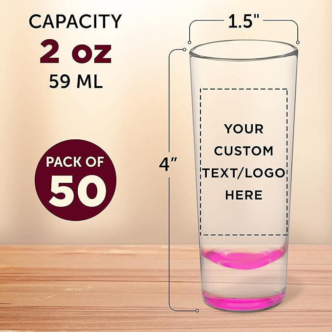 Custom Cordial Shooter Shot Glasses 2 oz. Set of 50, Personalized Bulk Pack - Great for Birthdays, Parties, Indoor & Outdoor Events - Pink
