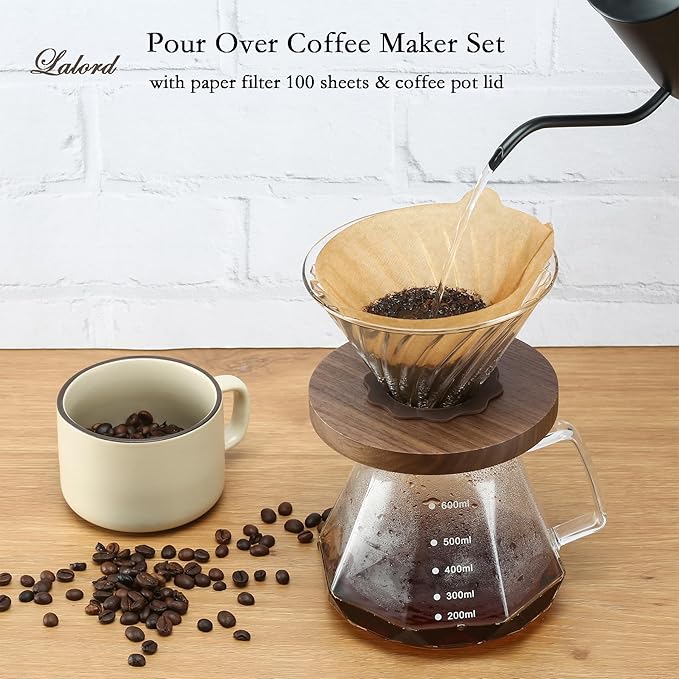 Pour Over Coffee Maker, 20 oz Borosilicate Glass Carafe with 100 pcs V60 Paper Filter by Gsform, Walnut Handle & Glass Lid, Drip Coffee Maker for Home Caf챕 Restaurant Camping, 600 ml, Clear