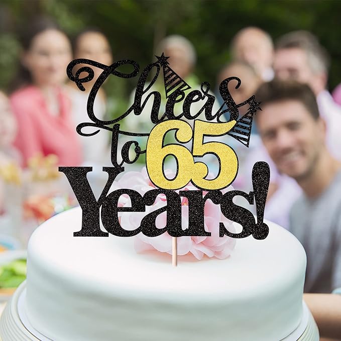 Rsstarxi 1 Pack Cheers to 65 Years Cake Topper Glitter Sixty Five Years Old 65th Birthday Cake Pick 65 Fabulous Cake Decorations for Happy 65th Birthday Wedding Anniversary Party Supplies Black