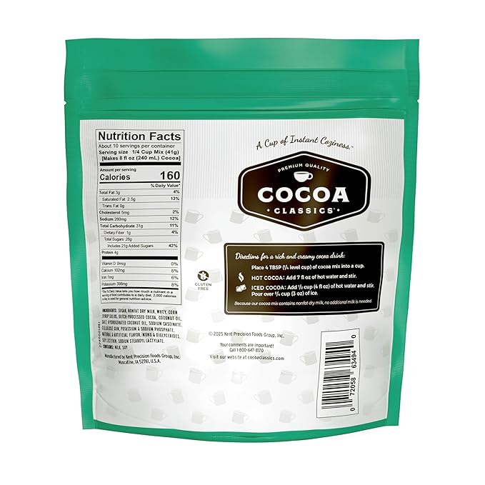Cocoa Classics Mint Cocoa Mix, Hot Chocolate, Made with Nonfat Milk, Just Add Hot Water, Make Hot or Iced Cocoa, Gluten Free & Kosher Dairy Friendly, 14.8 oz Pouch (Pack of 1)