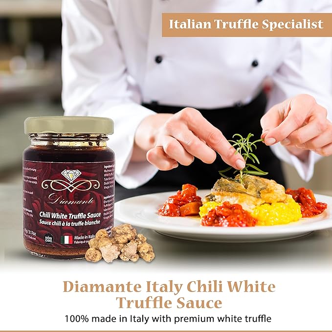 Diamante Italy Chili Truffle Sauce with White Truffles - Hot Sauce for All Cuisines - Authentic Italian Gourmet White Truffle & Mushroom Hot Sauce - Non GMO & Made in Italy - 90g