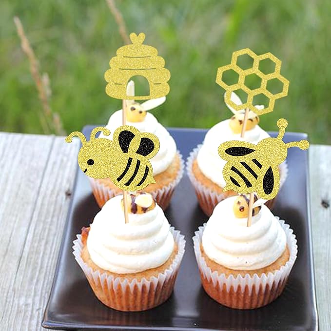 24 PCS Bumble Bee Cupcake Toppers Bumble Bee Party Decorations for Kids Girls Birthday Baby Shower Honey Bee Themed Party Supplies