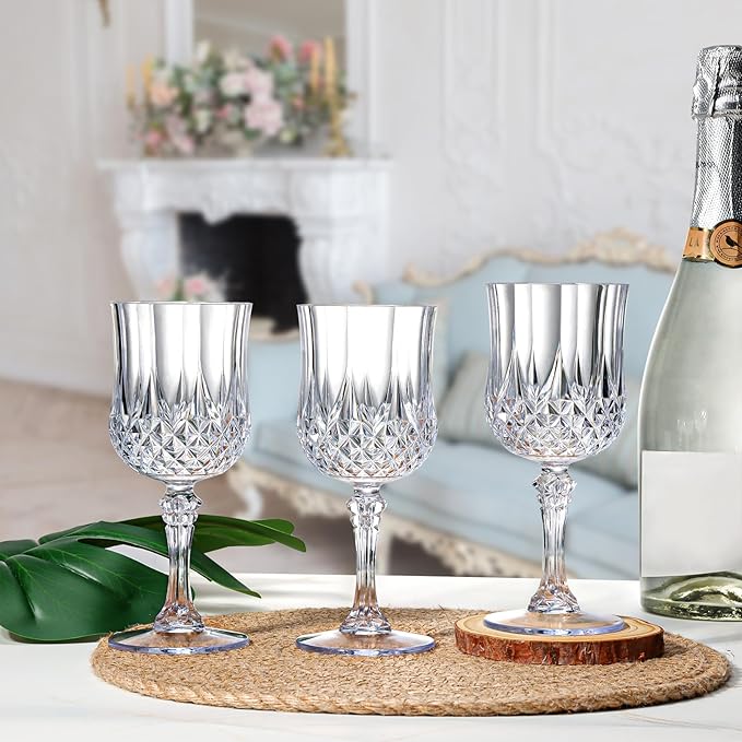 XUWAIDSGN 24 Pcs 7oz Plastic Vintage Wine Glasses Drinking Glasses Unbreakable Wedding Glassware Crystal Water Goblets Reusable Drinkware Vintage Champagne Flutes (24, Clear)