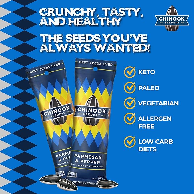 Chinook Seedery Roasted Sunflower Seeds to Eat -1.5 oz (Pack of 36) Parmesan & Pepper - Jumbo Low Sodium Sunflower Seeds Keto Snacks - Adventure, Baseball, School Snacks - Gluten Free, Non GMO Snacks