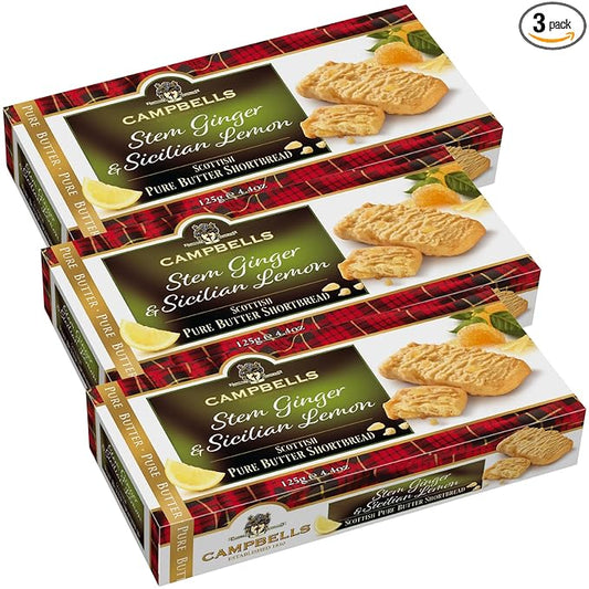 Campbells Shortbread with Stem Ginger & Sicilian Lemon 4.41 Oz (Pack of 3) - Pure Butter Scottish Shortbread Cookies from Scotland, Ginger Lemon Cookies, Gourmet British Tea Biscuits & Gift Box