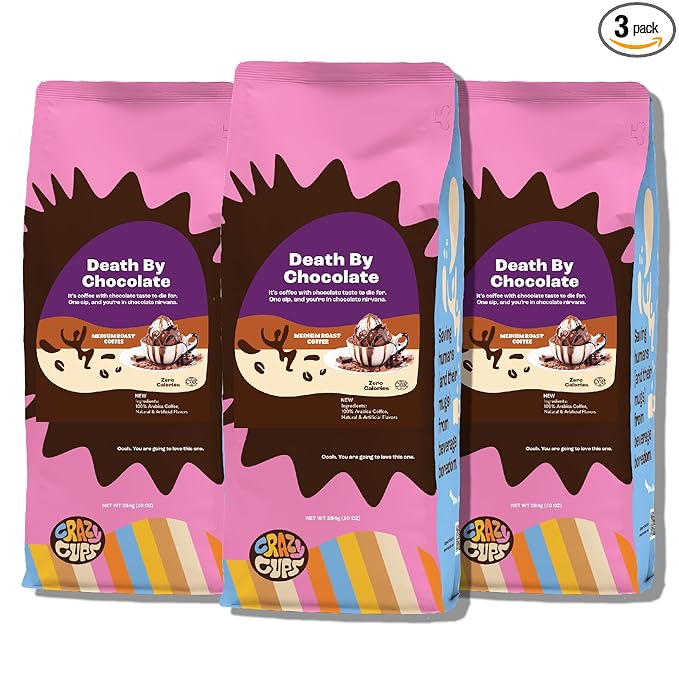 Crazy Cups Flavored Ground Chocolate Coffee, Death By Chocolate Coffee in 10 oz Bag, For Brewing Flavored Hot or Iced Coffee, 3 Pack